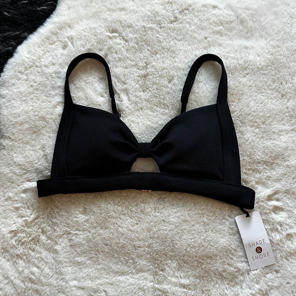 NWT Shade & Shore Black Knot-Front Crepe Textured Bralette Bikini Top